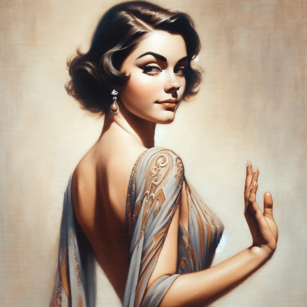 DALL·E 2023 11 10 12.35.34 A painting depicting a woman turning away with a dismissive attitude. The woman of Middle Eastern descent is elegantly dressed in a flowing dress wi