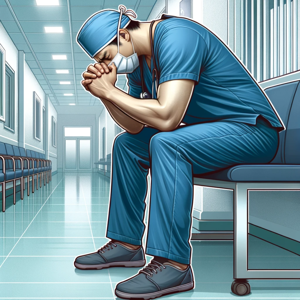 surgeon sitting in a hospital setting looking despondent after an unsuccessful surgery